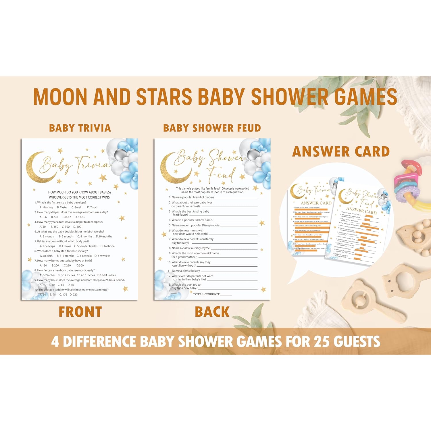 Moon Stars Baby Shower Games Set, 4 Games Includes Trivia, Baby Shower Feud, Predictions And Advice, Find Who Mom Or Dad, 50 Double-Sided Cards & 1 Answer Key, Gender Reveal Supplies -02