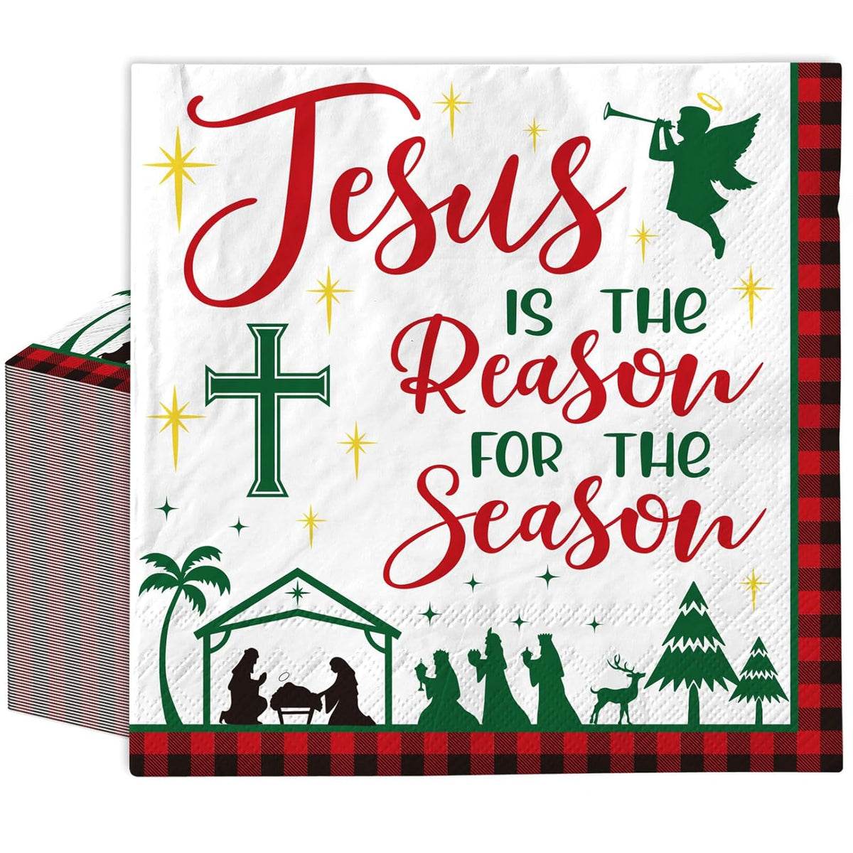 50Pcs Christmas Nativity Paper Napkin Plaid Christian Disposable Napkin Holy Night Dessert Dinner Hand Napkin For Xmas Holiday Party Supplies