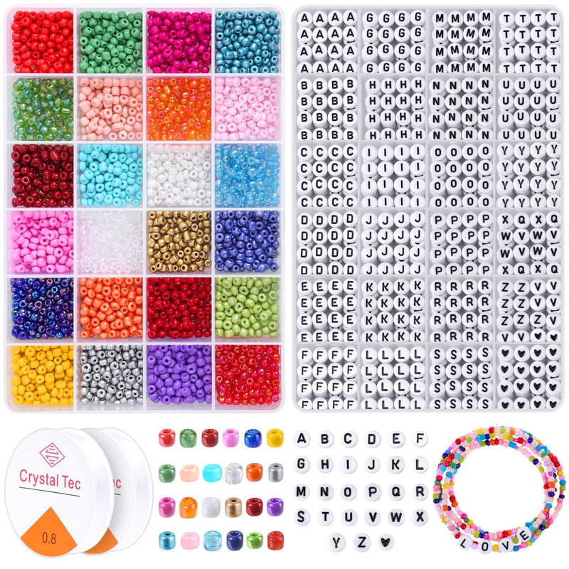 5000Pcs 4Mm Seed Beads And Letter Beads 24 Colors Glass Beads Kit With 1200Pcs