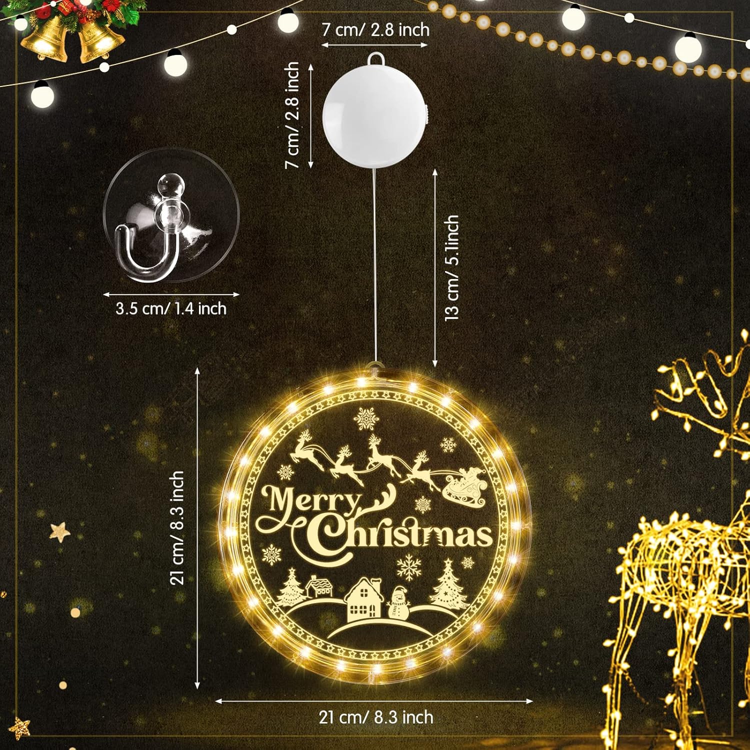 Merry Christmas Window Light Decorations Xmas Led Decorative Window Battery Operated 3D Acrylic Hanging Light With Sucti