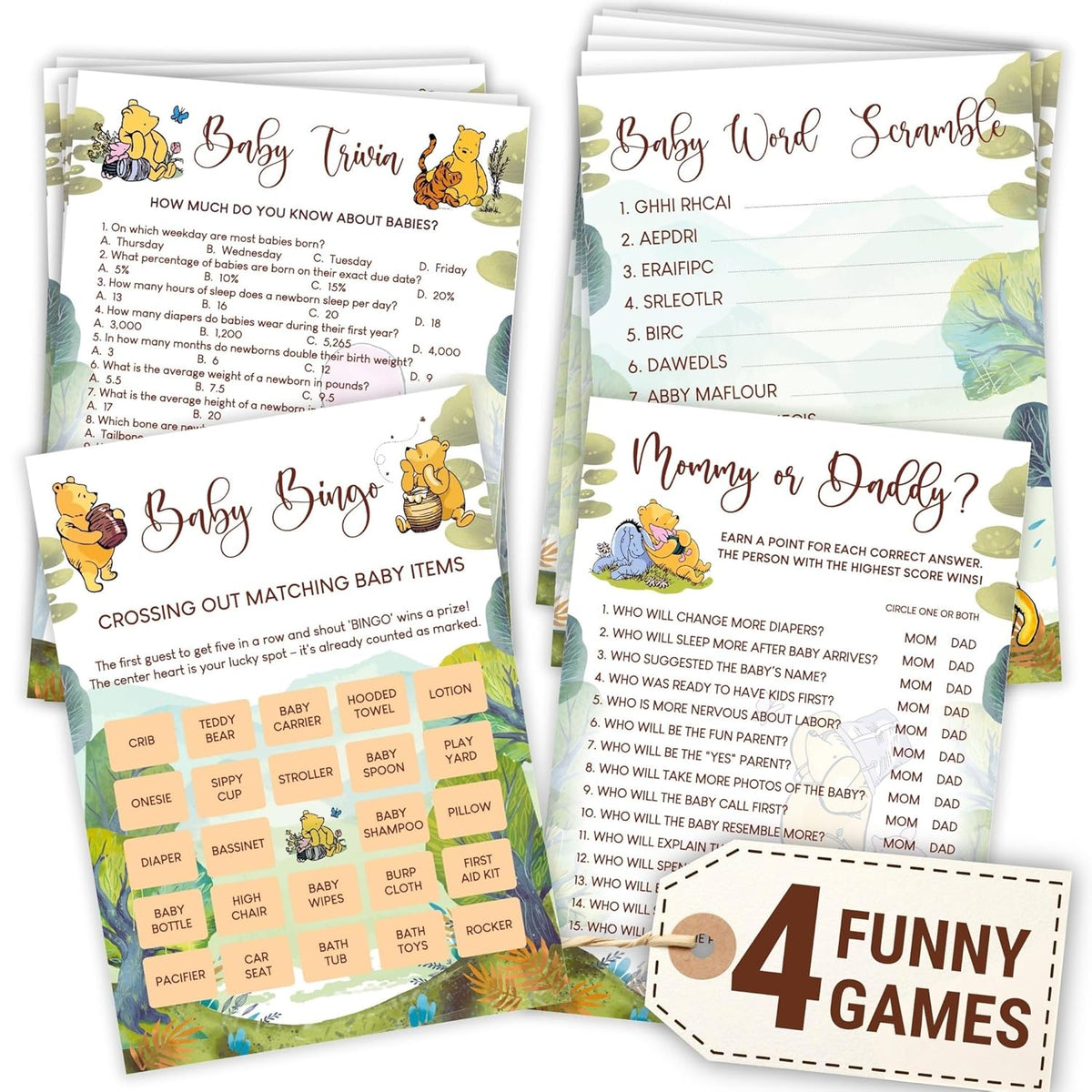 Winnie Baby Shower Games Boy - Pooh Baby Shower Bingo Cards For 25 Guests, Word Scramble Guess Who Mommy Or Daddy Game Ideas For Party Decorations