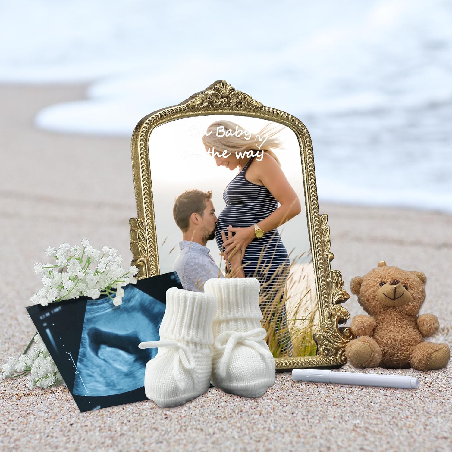 Pregnancy Announcement Mirror Newborn Cozy Shoes 12 Baby Breath Artificial Flowers Bear Doll And White Erasable Pen For Beach Photography Pregnancy Announcement Celebration
