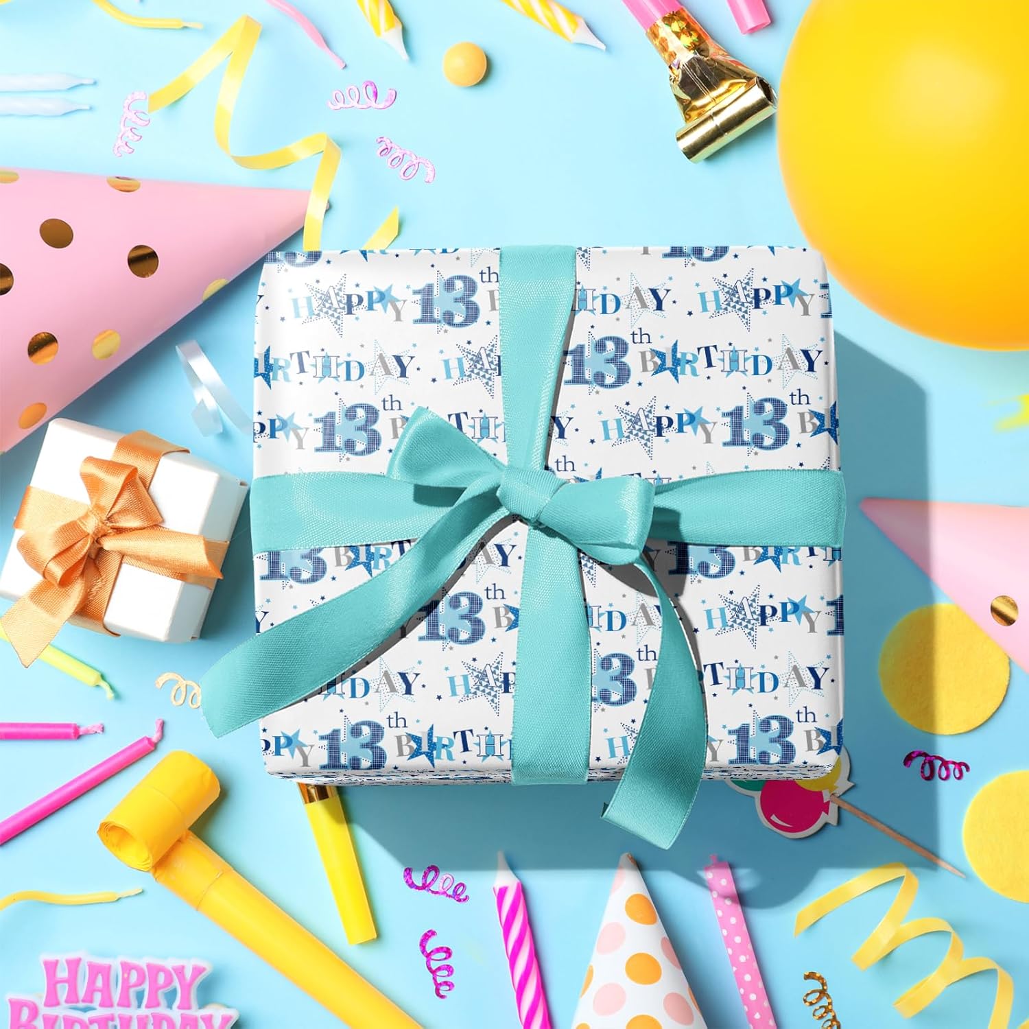 13Th Birthday Wrapping Paper Roll - Blue Happy 13Th Birthday With Heart Gift Wrap For For Age13 Teens, Kids, Boys - Mini Roll - 17 Inches X 16.4 Feet (23.2 Sq.Ft.)