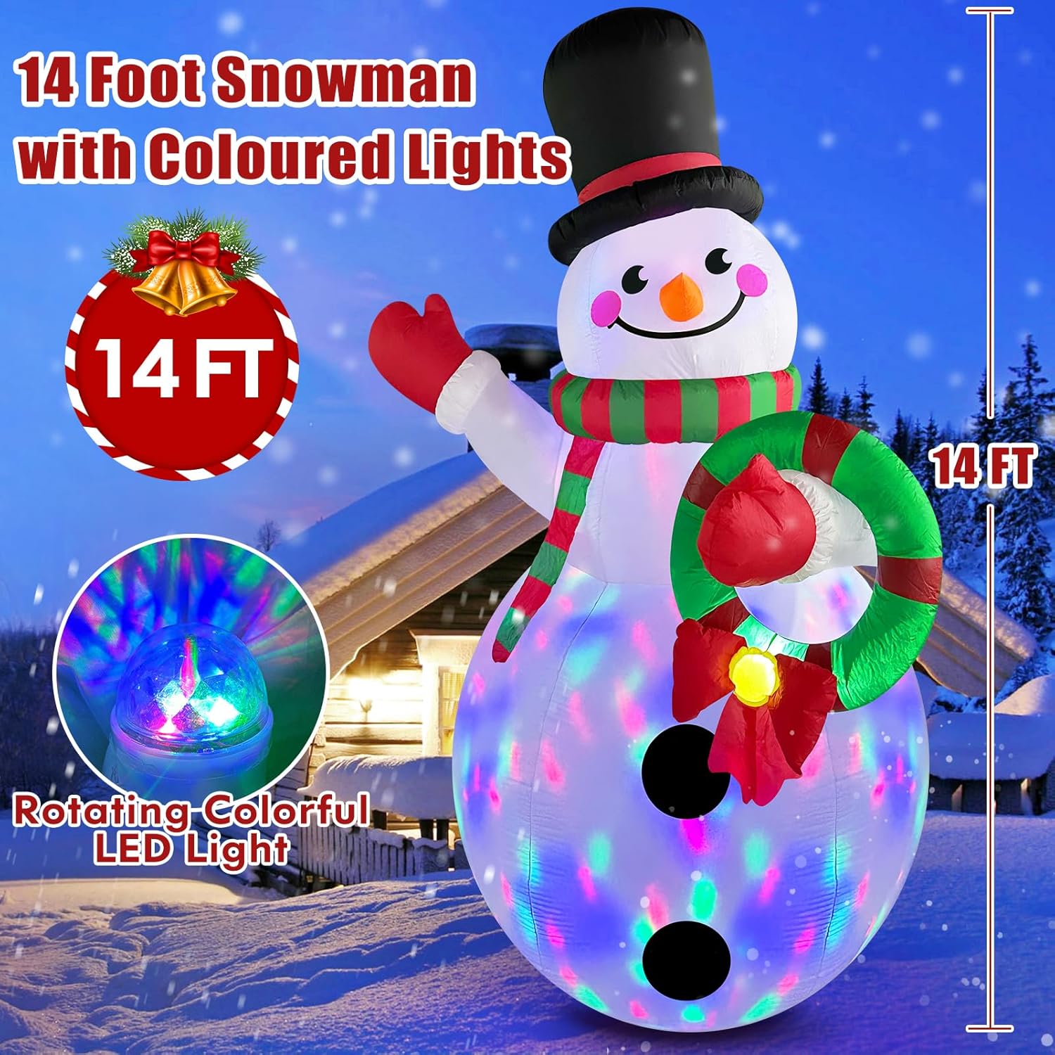14Ft Giant Christmas Inflatables Snowman Holding Garland Built-In Rotating Led Lights, Xmas Blow Up Inflatable Snowman O