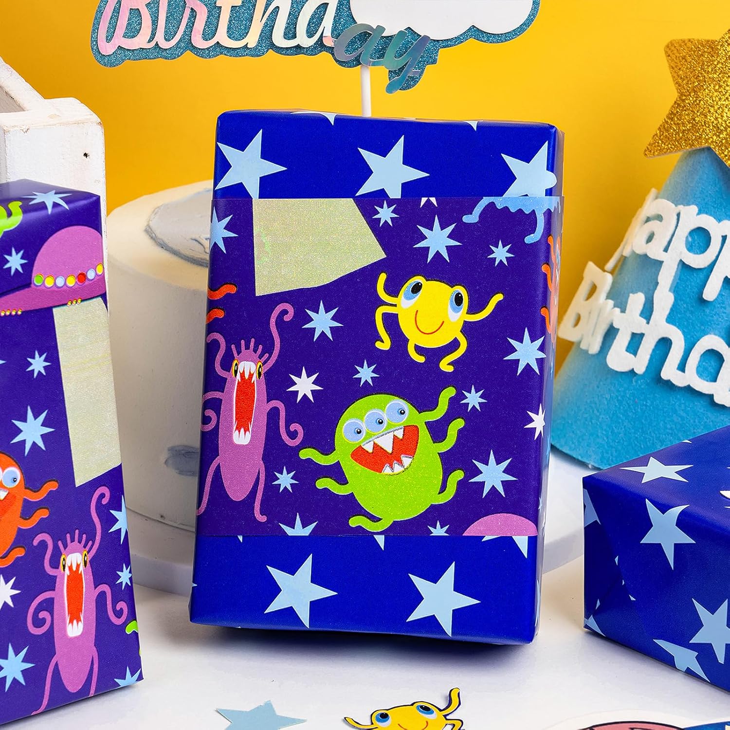 Reversible Space Wrapping Paper Roll, Mini Roll, Cartoon Outer Space, Colorful Alien & White Star Design, Blue Birthday Gift Wrap Paper For Kids Boys, Outer Space Party, 17 Inches X 16.4 Feet