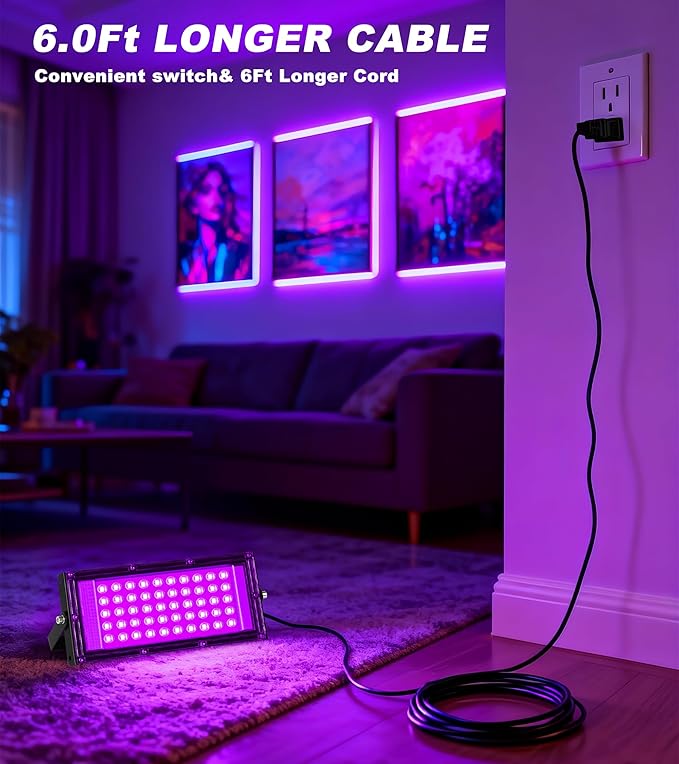 2 Pack 50W LED Black Light IP66 Waterproof Outdoor Flood Light with Plug Switch for Glow Party