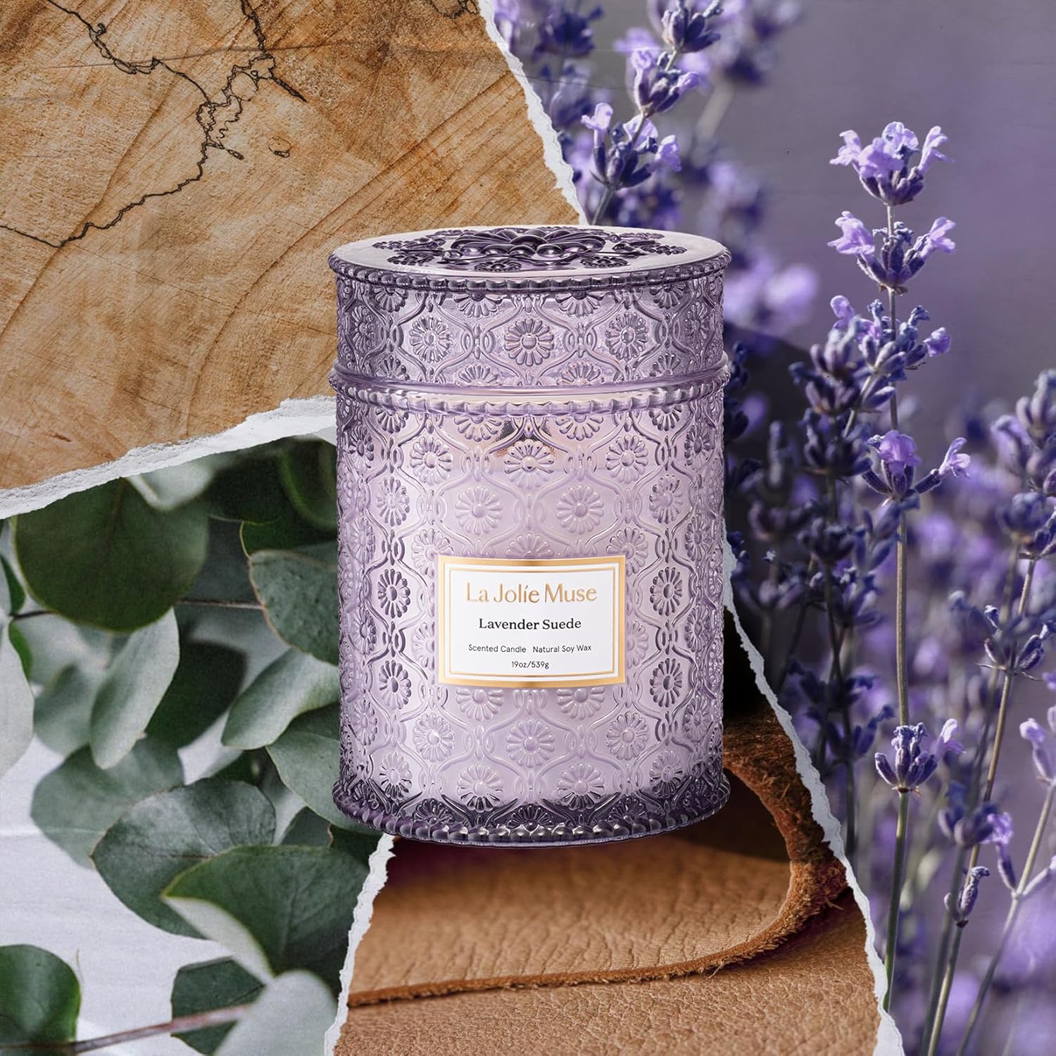 Lavender Suede Candle – Eucalyptus, Lavender & Sandalwood 19 Oz Large Wooden Wick Candle | Natural Soy Wax | 90 Hours Clean Burn | Aromatherapy Candle For Relaxation