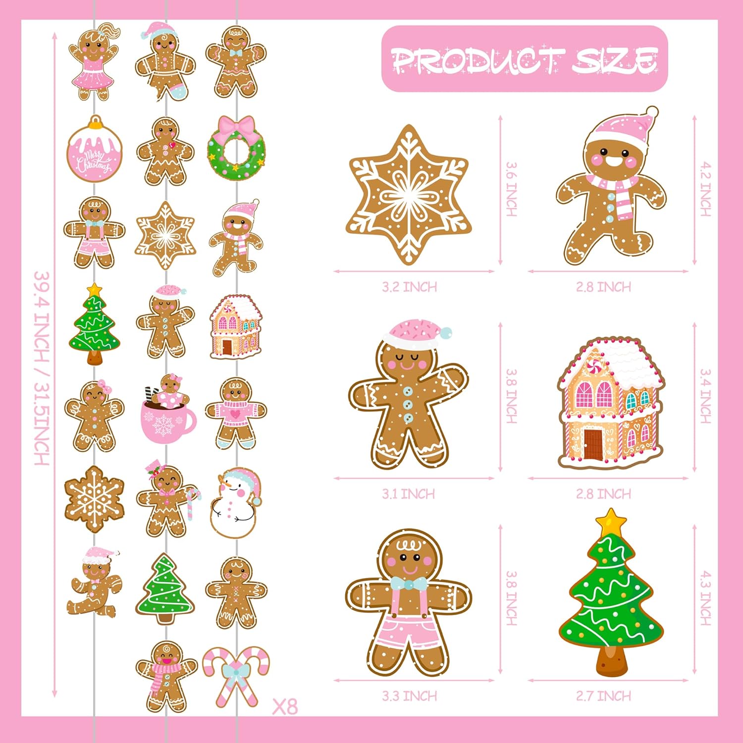 Gingerbread Theme Garlands Pink Christmas Decorations Girls 8Pcs Gingerbread House Xmas Tree Paper Garland Banners Christmas Party Supplies For Winter Holiday Birthday Wall Door Ceiling Decor