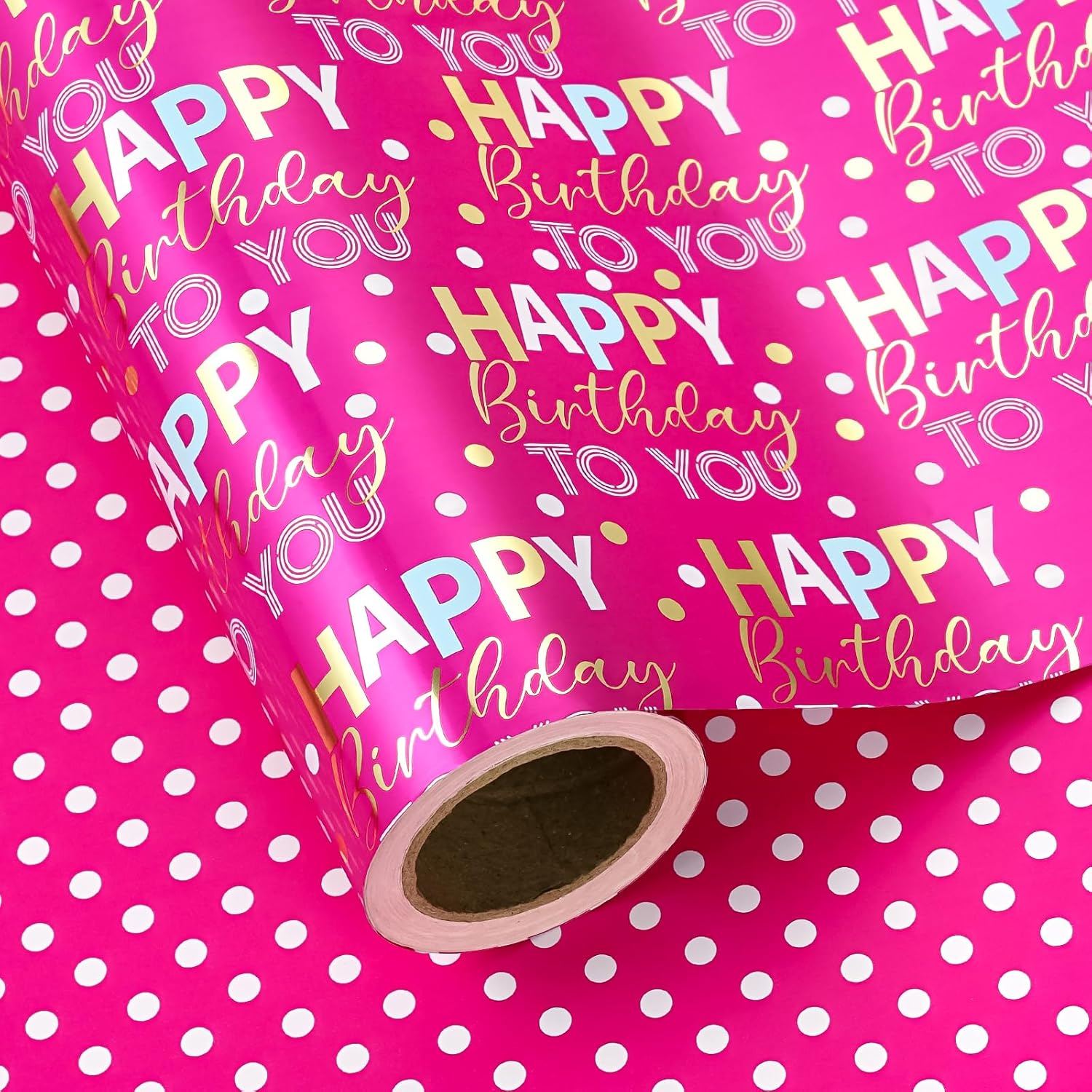 Reversible Birthday Wrapping Paper - Mini Roll - 17 Inch X 9.8 Feet - Hot Pink And Gold Foil Happy Birthday Wrapping Paper For Girls, Women, Kids, Baby Shower