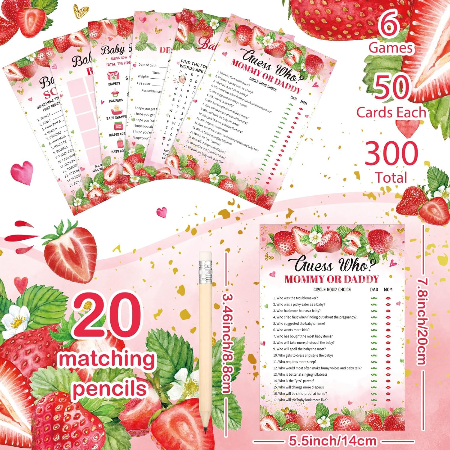 320 Pcs Strawberry Baby Shower Games Includes 6 Games Each 50 Sheets With 20 Pencils Includes Baby Descriptions And Wishes Game Guess Who Bingo Word Search