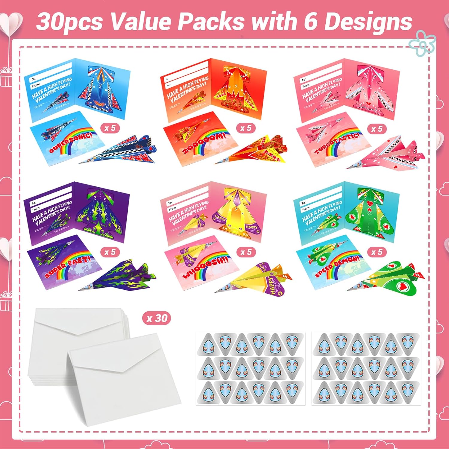 30Pcs Valentines Day Cards With Envelopes, Colorful Paper Airplane Gift Cards For Valentine’S Day, Origami Flying Airplane Greeting Cards For School Classroom Exchange Activity