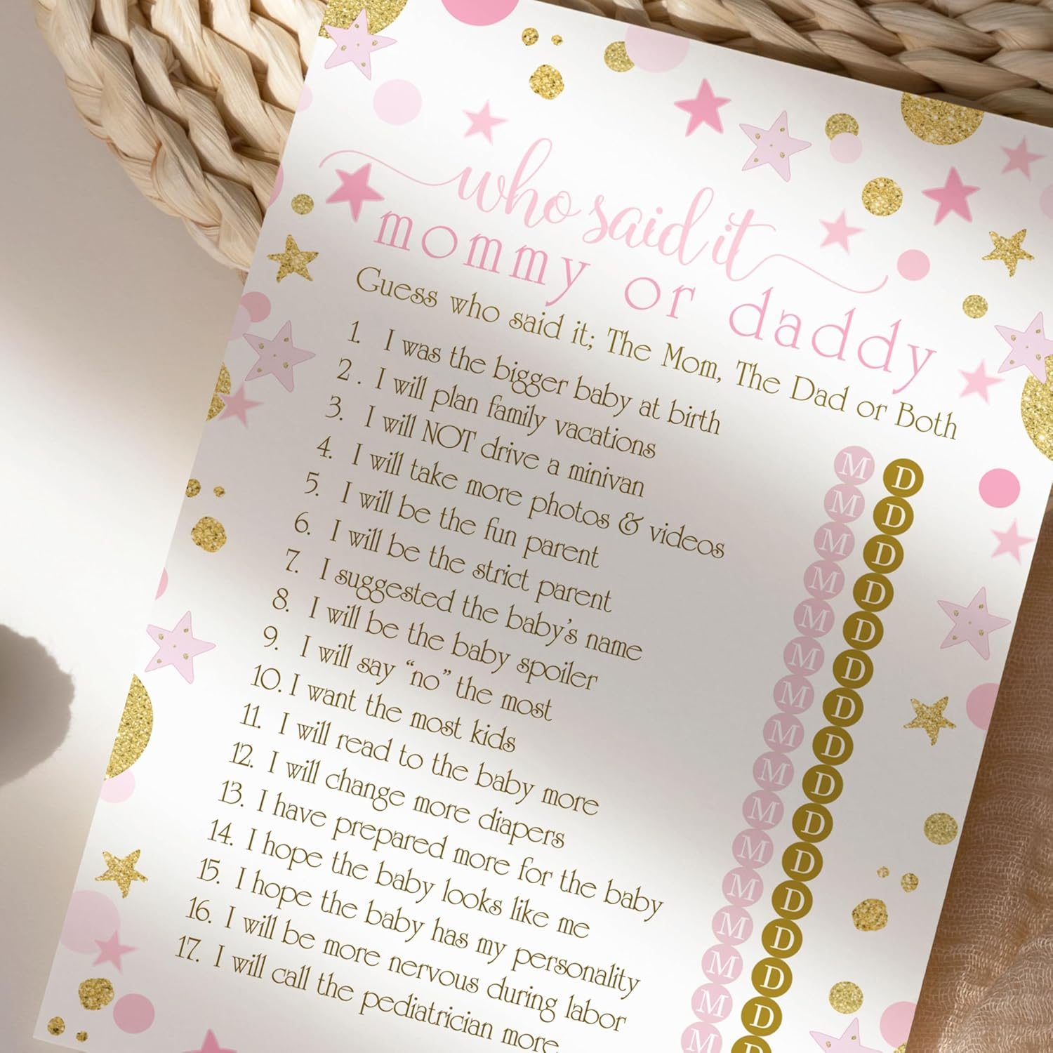 Pink And Gold Baby Shower Game For Girls - 25 Guess Who Mommy Or Daddy Game Cards - Fun Guessing Activities For Guests With Prizes - Star And Moon Theme
