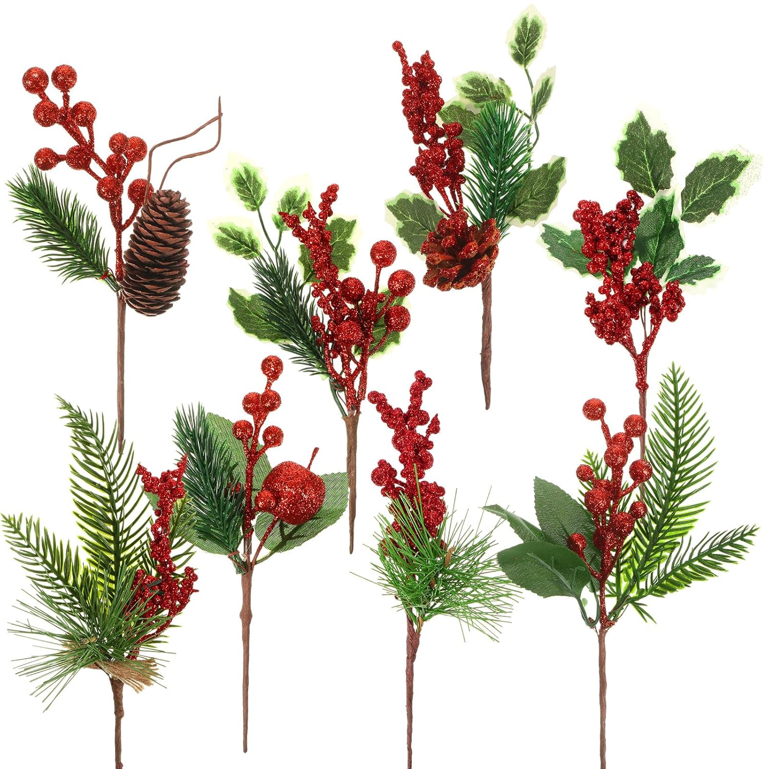 24 Pcs Christmas Picks And Spray Christmas Tree Red Berry Pine Picks Artificial Faux Berry Branches Poinsettia Holly Pine Flower Pick Stem Pinecones For Crafts Party Home Decor