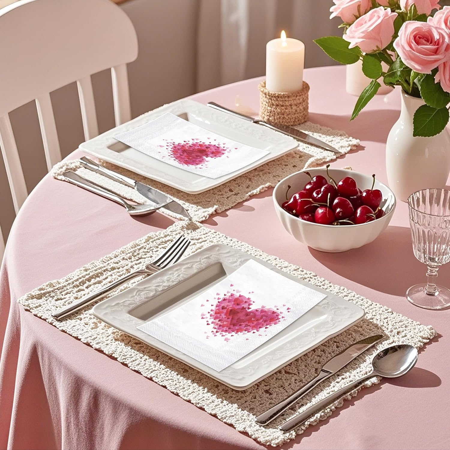 50Pcs Valentine'S Day Paper Napkins - 3-Ply Watercolor Love Pattern Guest Disposable Hand Towels For Bathroom, Happy Valentines Day Supplies - 4.3 X 7.9 In