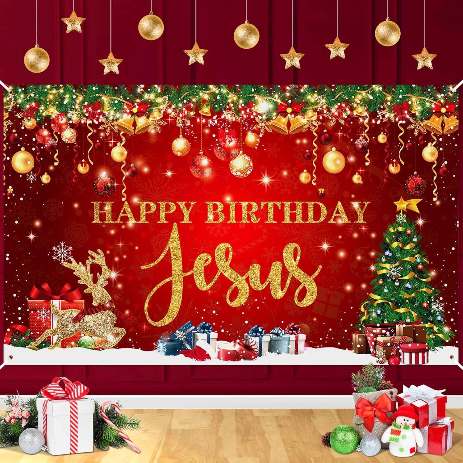 Happy Birthday Jesus Party Decorations Banner - Red Christmas Jesus Birthday Party Supplies For Indoor/Outdoor Decor