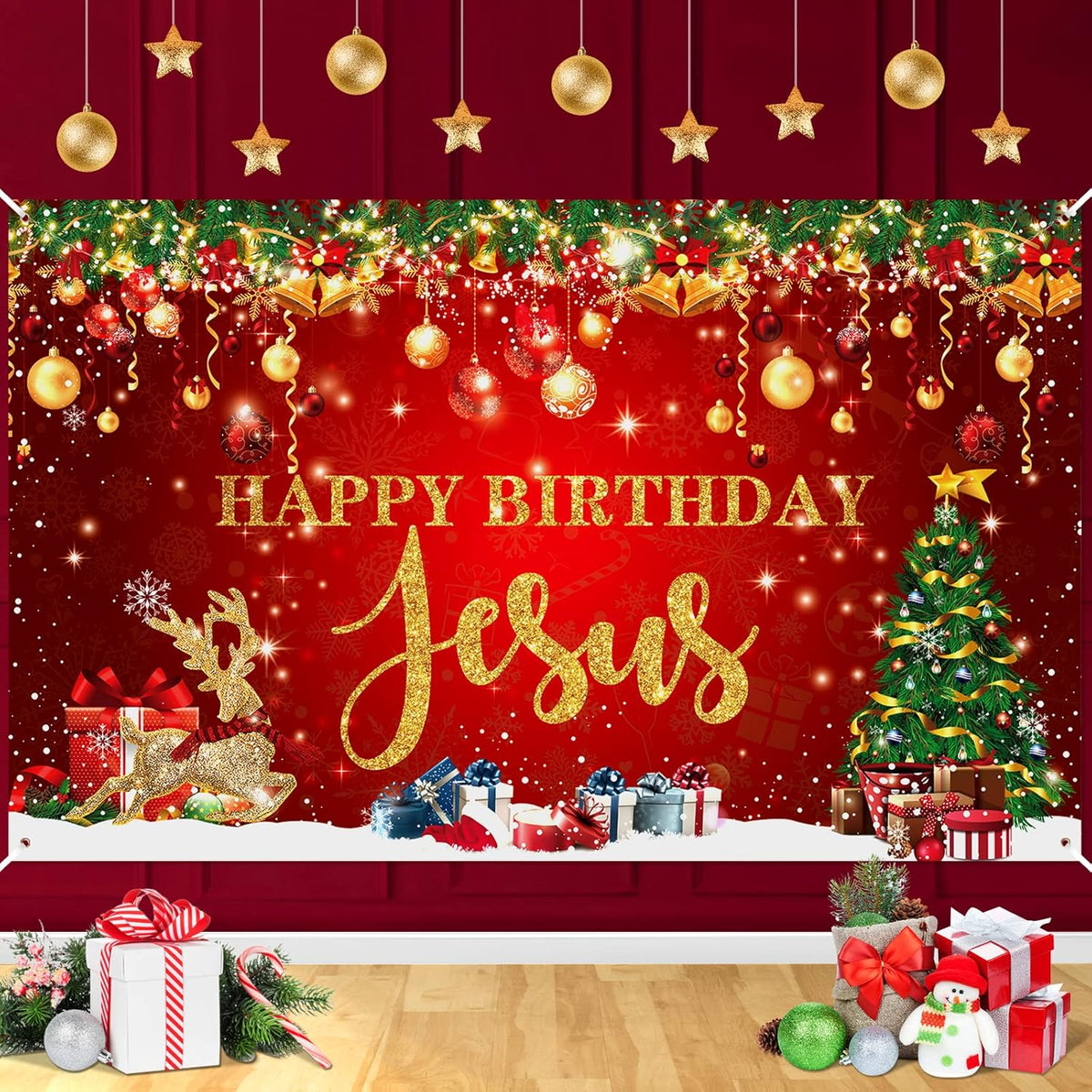 Happy Birthday Jesus Party Decorations Banner - Red Christmas Jesus Birthday Party Supplies For Indoor/Outdoor Decor