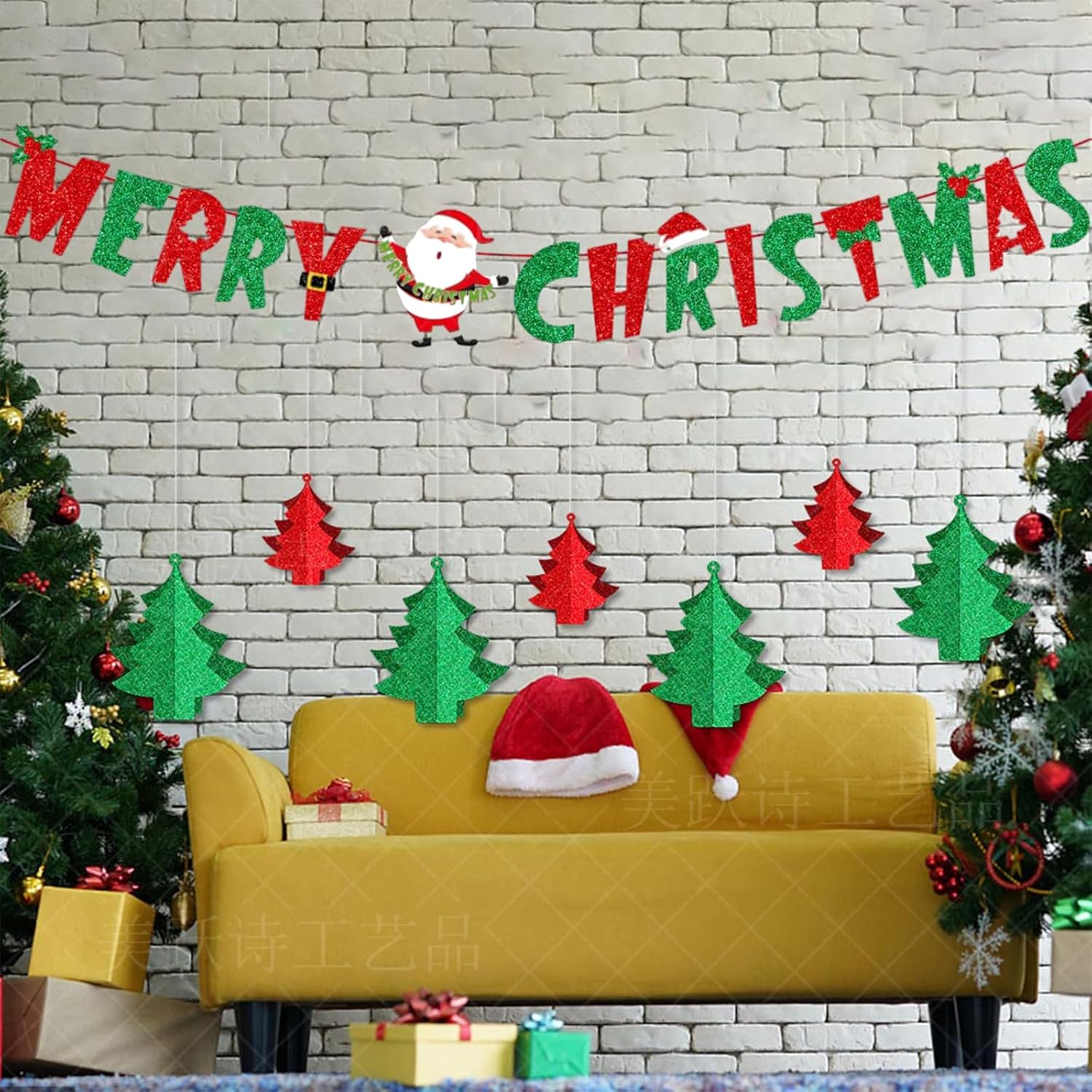 Merry Christmas Banner Glitter Red &Green Christmas Bunting Banner Sign For Xmas Decorations Indoor Christmas Home Wall Fireplace Mantel Décor