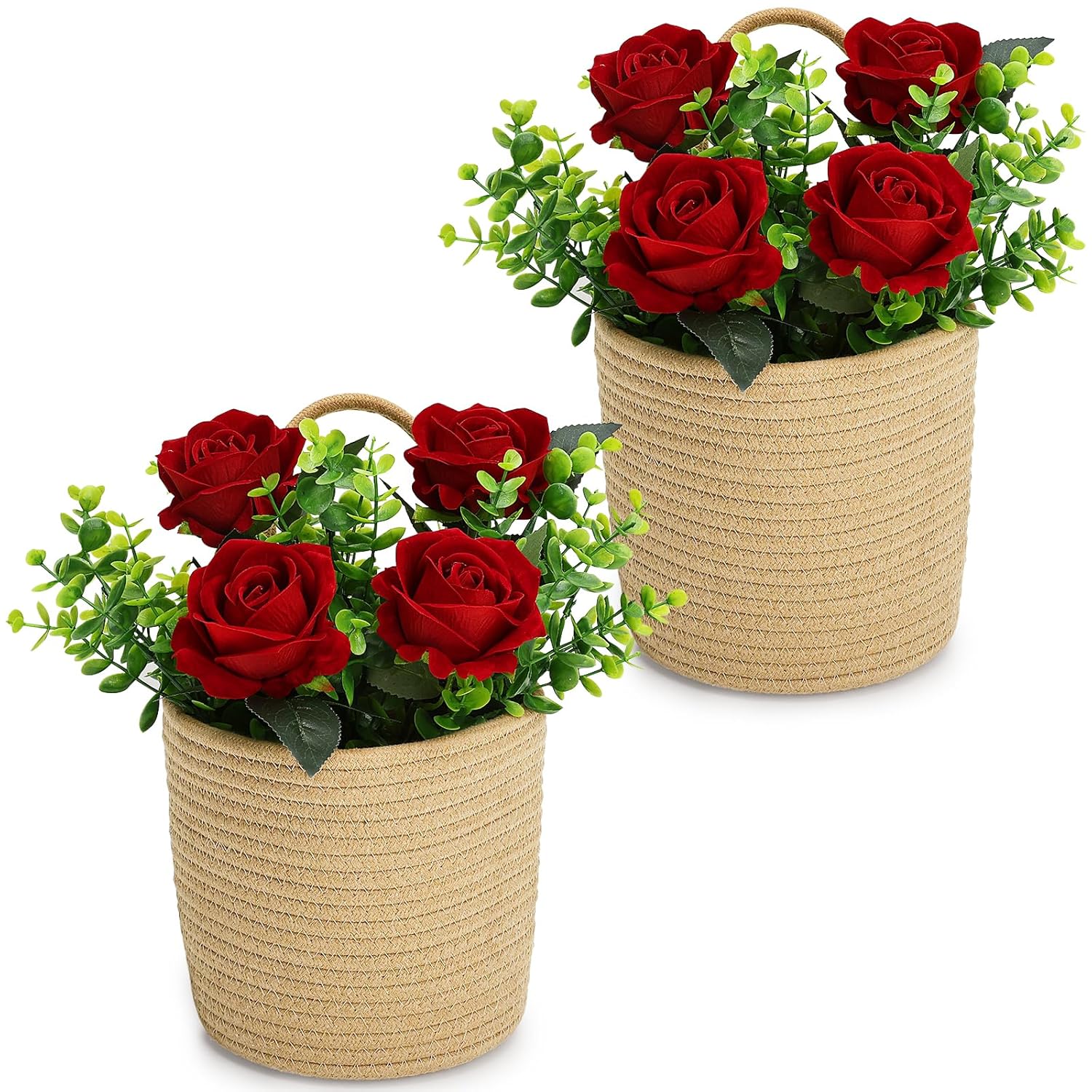 Artificial Roses Flowers With Jute Hanging Basket Pack Of 2, Faux Flannel Floral Eucalyptus Arrangement For Entryway Kitchen Bedroom Living Room Home Decorations - Burgundy