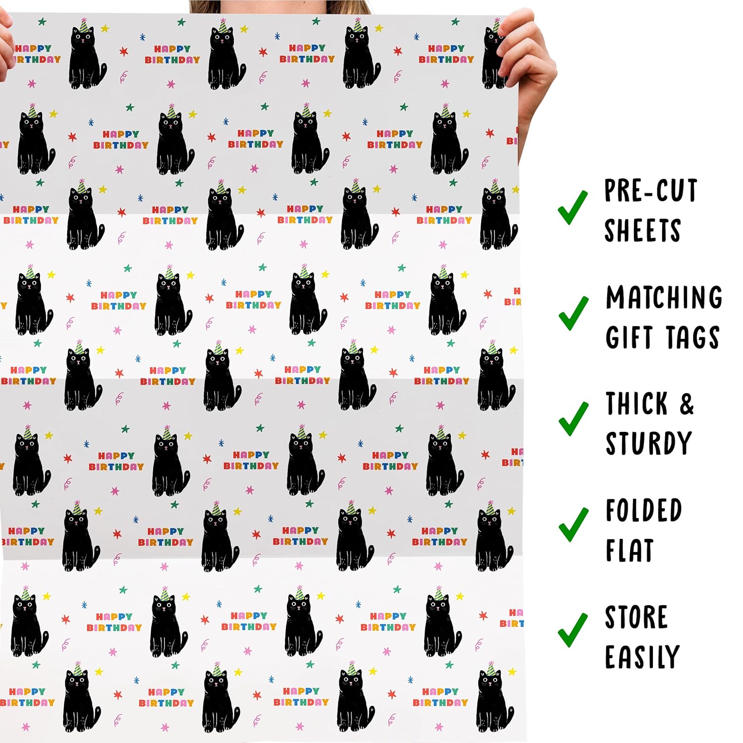 Cat Birthday Wrapping Paper - 6 Sheets Of Gift Wrap - Black Cats - Happy Birthday Text - White Gift Wrapping Paper For Men Women - Recyclable