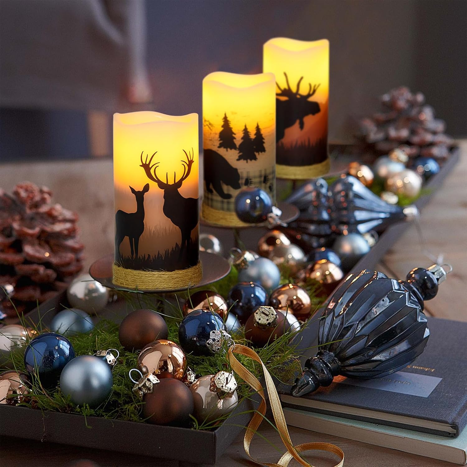 3Pcs Battery Operated Real Wax Pillar Candles With Charming Deer,Moose, Bear Decals,Flameless Flickering Led Candles With Hemp Rope And 6H Timer,Rustic Home Decor For Christmas (D3 X H6)