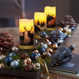 3Pcs Battery Operated Real Wax Pillar Candles With Charming Deer,Moose, Bear Decals,Flameless Flickering Led Candles With Hemp Rope And 6H Timer,Rustic Home Decor For Christmas (D3 X H6)