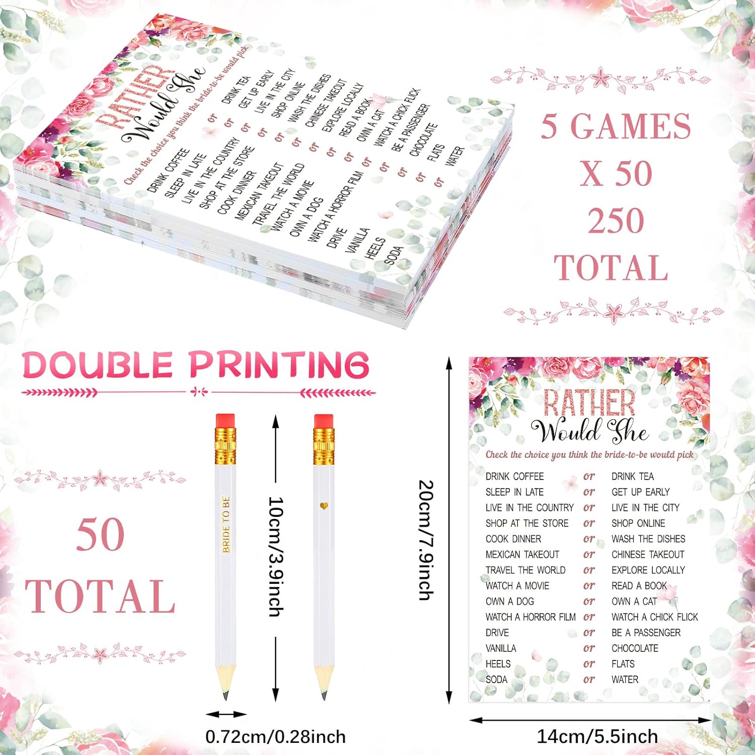 300 Pcs Bridal Shower Games Supplies Include 5 Sets 50 Wedding Games Cards And 50 Pencils, Bridal Shower Decorations Favors For Guests Bride Groom Wedding, 50 Guests(Fresh Style)