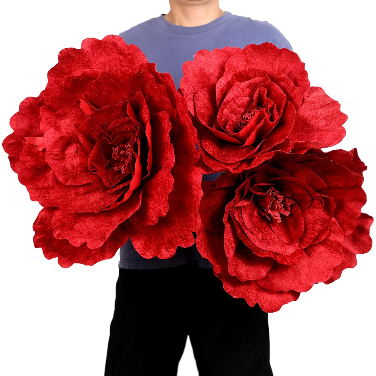 Set Of 3 - Giant Red Velvet Rose Large Handcrafted Artificial Flower Props For Wedding, Home, Party, Event, Backdrop Decoration For Anniversary Birthday Valentine'S Day (Red - Rose Heads Only)