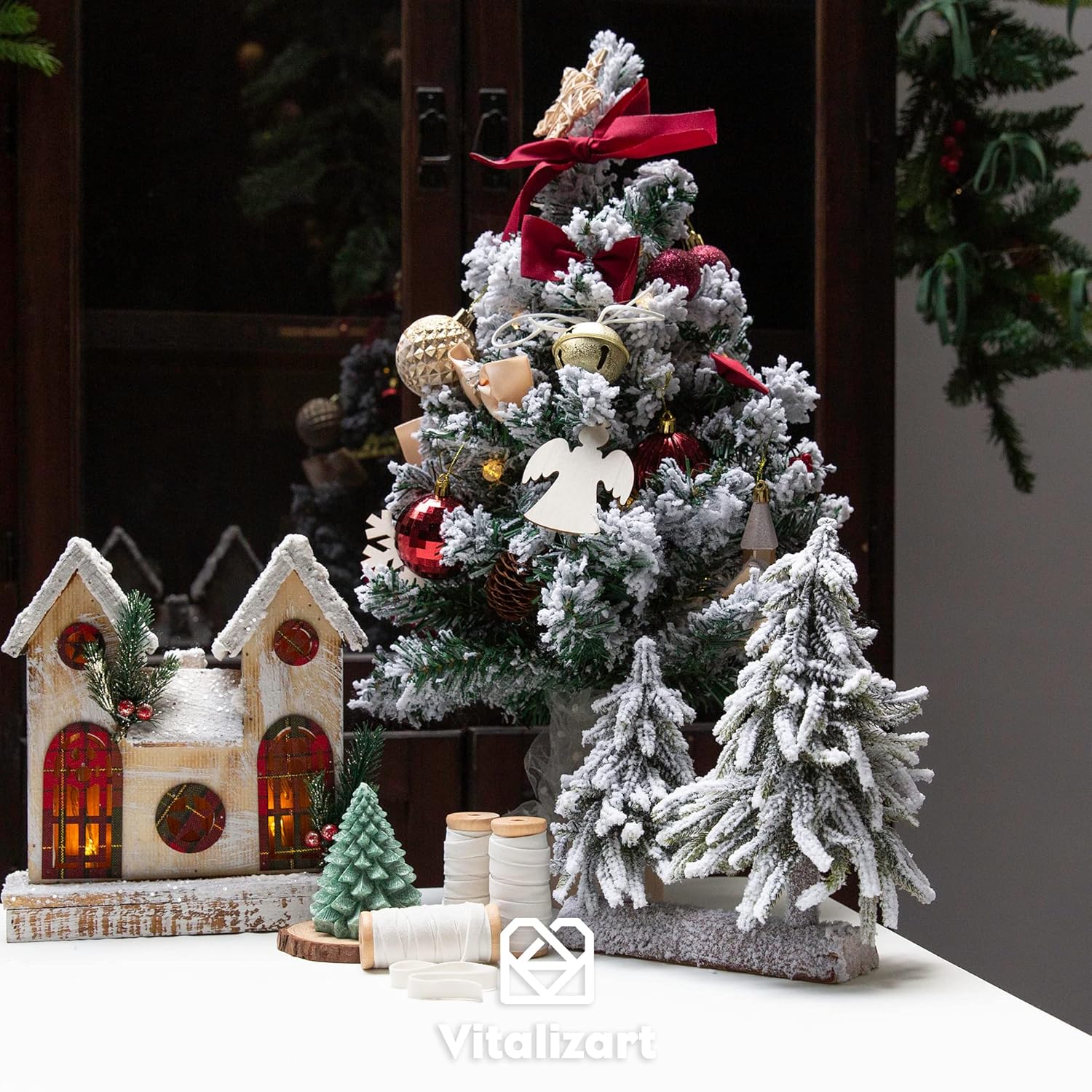 White Velvet Ribbon Set 3/8"" X 15 Yd Wooden Spool Fabric Trim 3 Rolls * 5 Yd For Christmas Wreath Decoration Handmade Craft Ornaments Gift Wrapping & Bow Making (Cream)