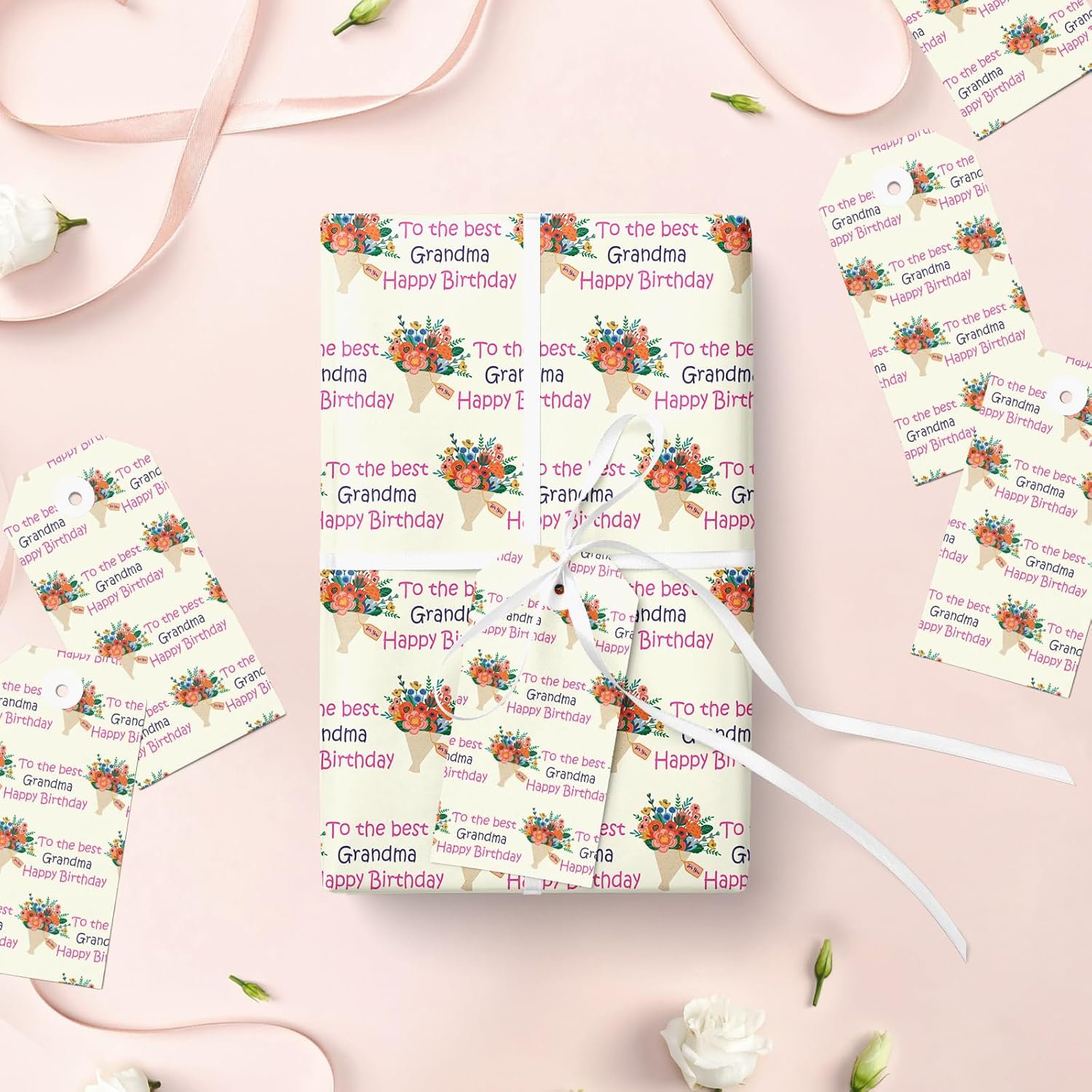 Grandma'S Birthday Wrapping Paper Roll, To The Best Grandma, Happy Birthday & Flowers Design Gift Wrap For Grandmother'S Birthday?For Older Women, Mini Roll, 17 Inches X 16.4 Feet