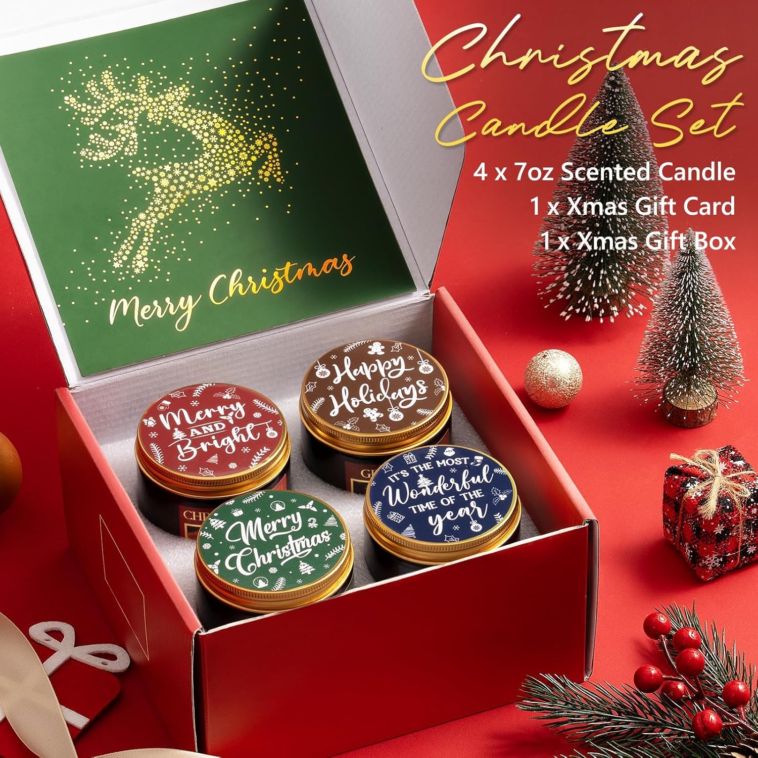 Christmas Candles Set, 4 Pack Xmas Scented Candles For Women, Winter Soy Candle For Home Scented Holiday Candle Gift Set, Christmas Gifts For Women Men Best Friends- Christmas Tree/Spice/Eve/Cookie
