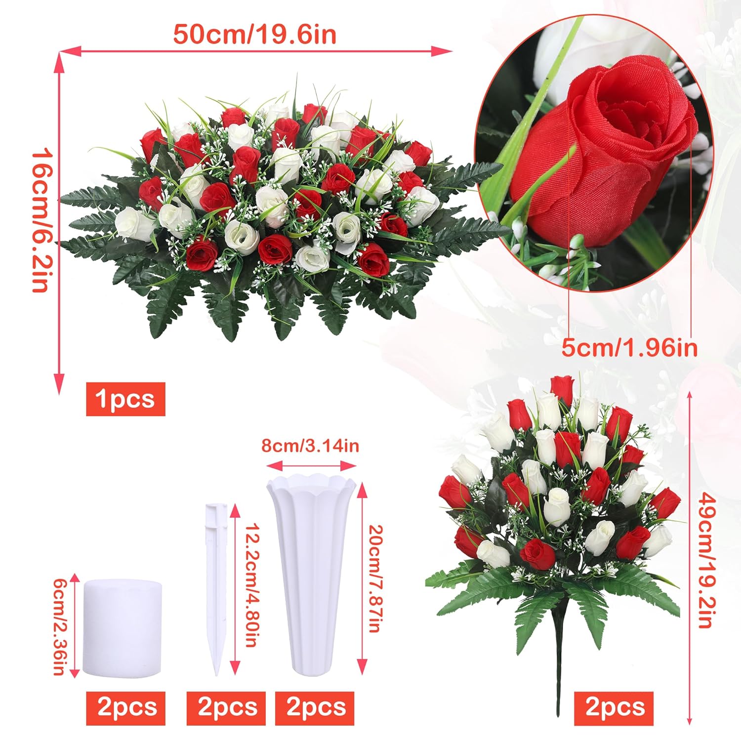 Artificial Cemetery Flower Saddles For Graves, Cemetery Memorial Flowers With Vase And 2 Memorial Bouquets For Grave Tombstone,Outdoor Grave Saddle Headstone Decorations (Red White)