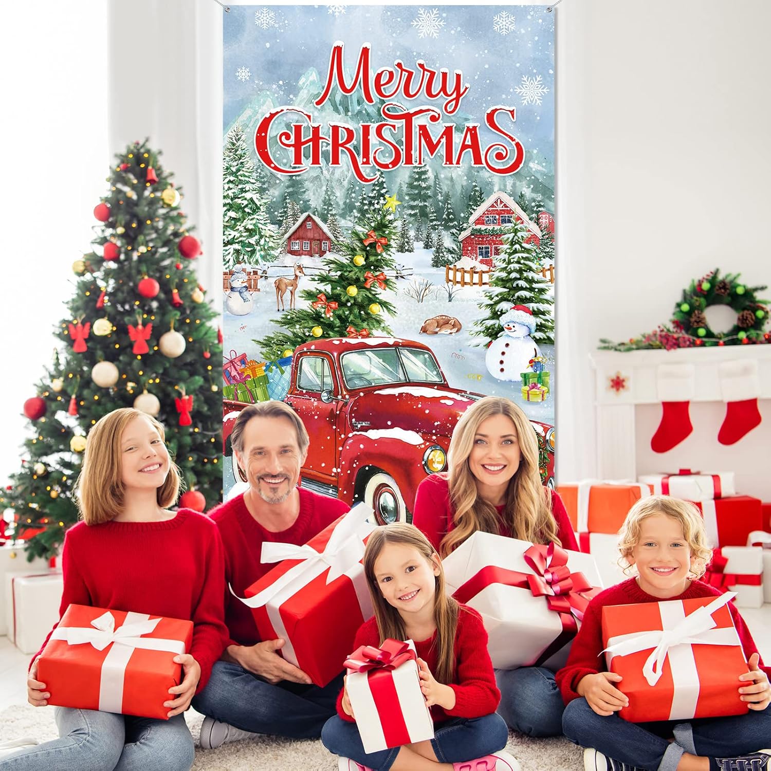 Christmas Door Covers Red Truck Xmas Cover For Door Christmas Truck Front Door Cover For Merry Christmas New Year Photography Background Party Decoration, 70.9 X 35.4 Inches