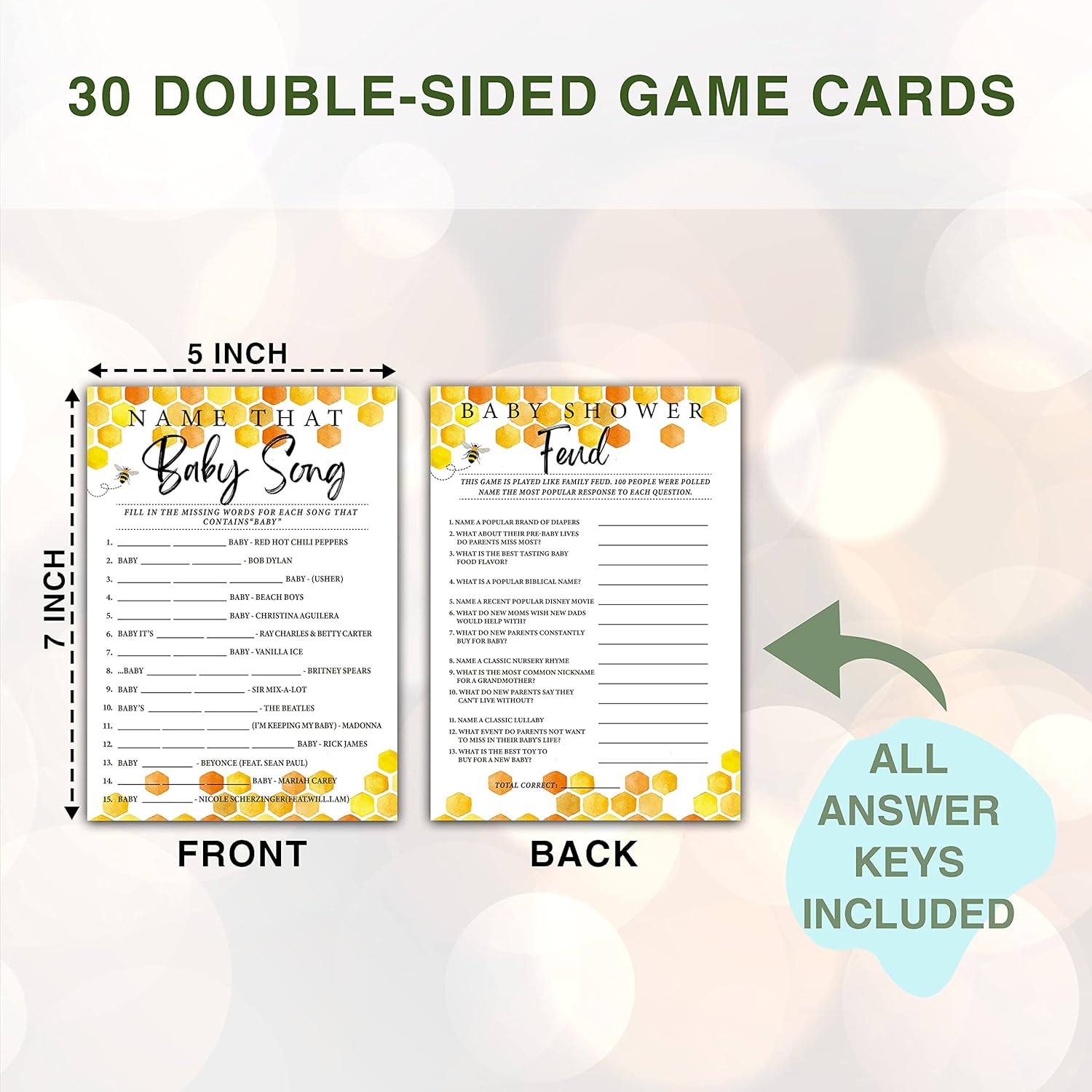Honey Bee Baby Shower Games, Double-Sided Games Name That Baby Song & Baby Feud Game(30-Pack) With 1 Answer Card, Honeycomb Baby Gender Reveal Party Decoration Supplies(5"X7")-Game-I03
