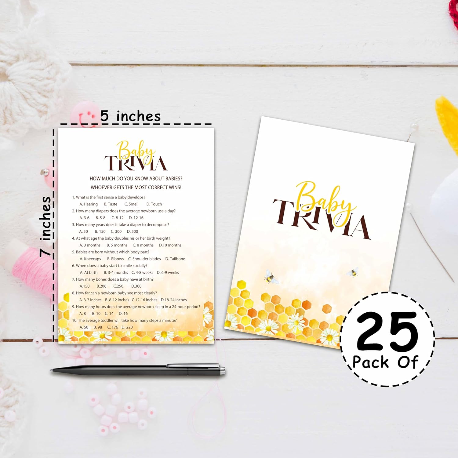 Baby Shower Party Games, Baby Trivia Minimal Baby Shower Game, 25 Honey Bee Gender Reveal Party Games Cards (5" X 7"), Bumble Bee Baby Shower Supplies Decorations -01
