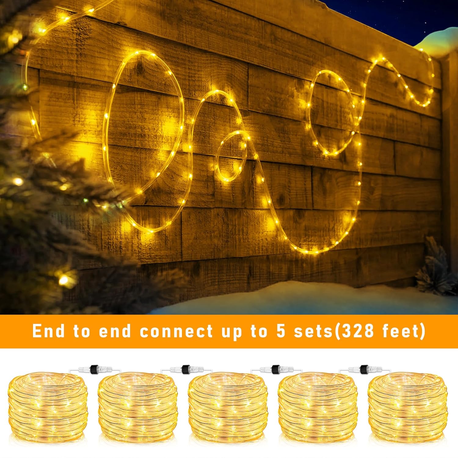 Rope Lights For Outside, 66Ft 200 Led Christmas Lights Outdoor With 8 Modes Waterproof, Connectable Warm White String Lights For Indoor, Bedroom, Tree, Garden, Backyard, Patio, Pool Decorations