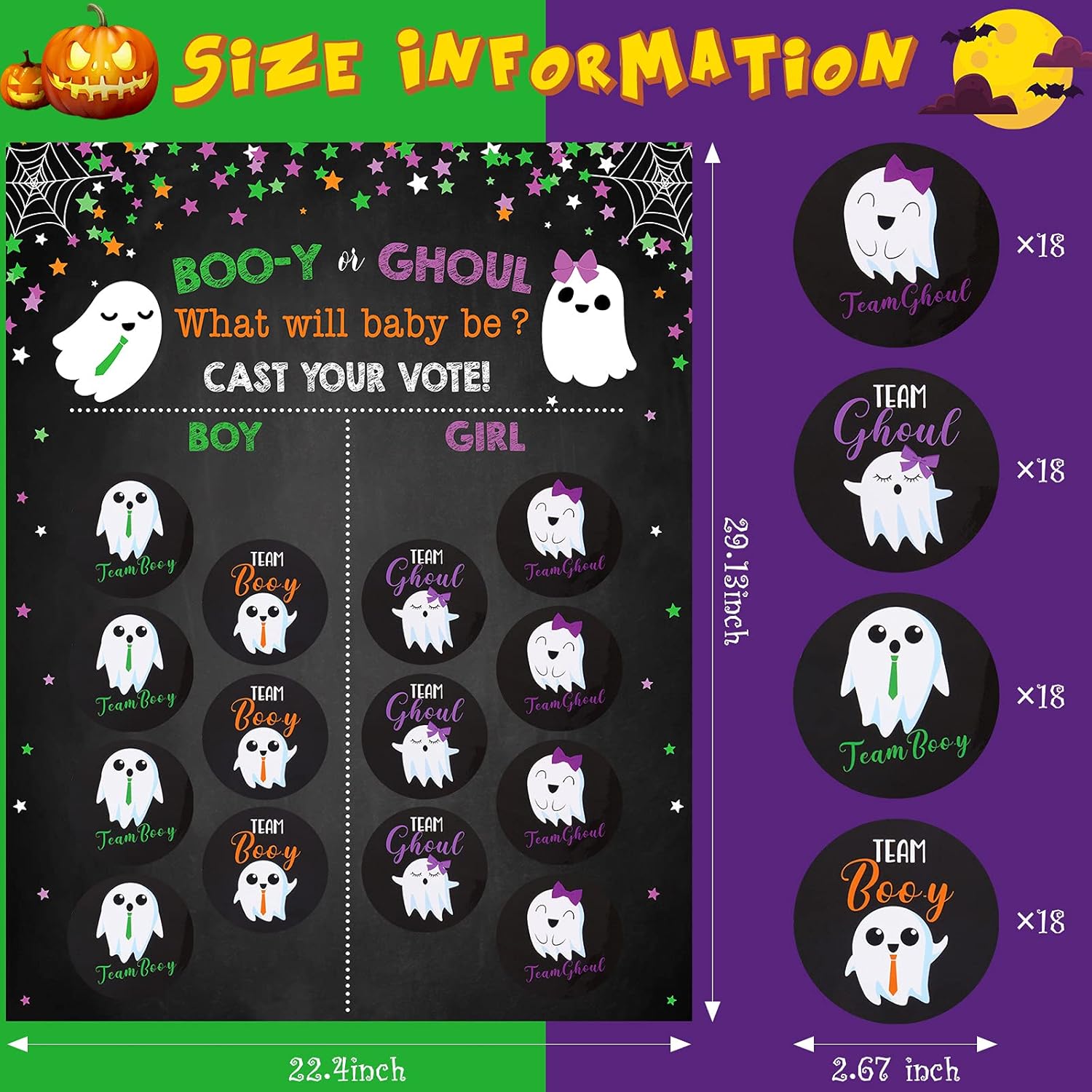 72 Pieces Halloween Gender Reveal Stickers Ghost Team Stickers With 1 Piece Halloween Gender Reveal Voting Game Poster Sign Kit For Party Decor Supplies