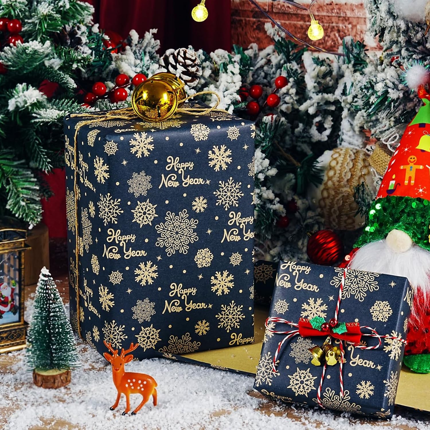 Christmas Wrapping Paper Roll, Navy Blue Kraft Wrapping Paper With Brown Happy New Year And Snowflake Design, Vintage Gift Wrapping Paper Roll For New Year Xmas Winter Holiday, 17 Inch X 33 Feet