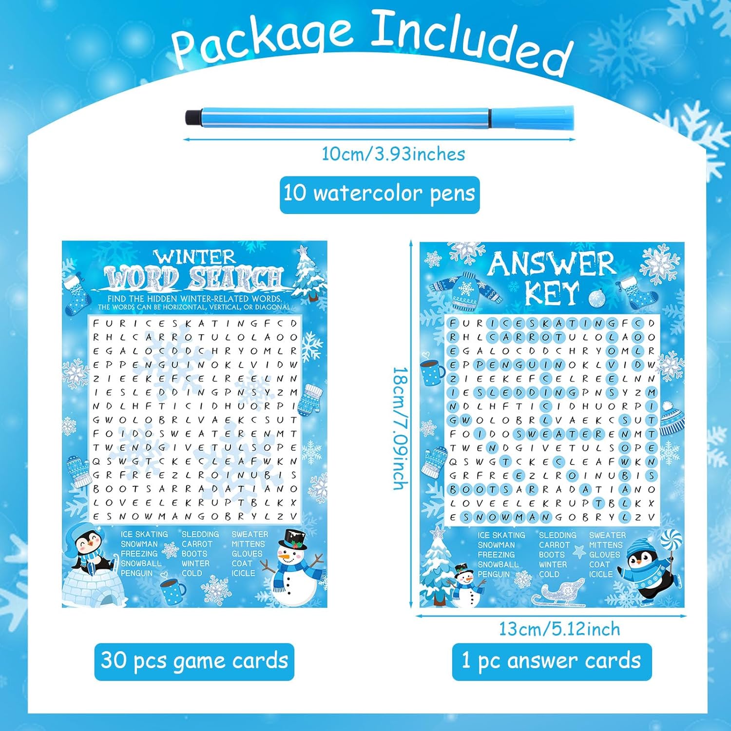 41 Pcs Winter Game Set Winter Word Search Game Card Set 30 Players And 1 Answer Card With 10 Pens For Home Activities Christmas Xmas Holiday Family Wonderland Party Supplies Decor