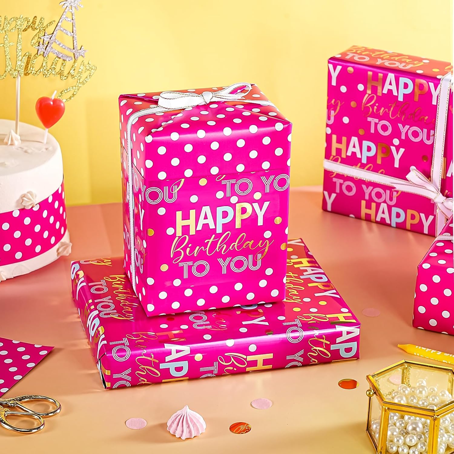 Reversible Birthday Wrapping Paper - Mini Roll - 17 Inch X 9.8 Feet - Hot Pink And Gold Foil Happy Birthday Wrapping Paper For Girls, Women, Kids, Baby Shower