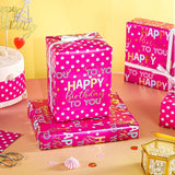 Reversible Birthday Wrapping Paper - Mini Roll - 17 Inch X 9.8 Feet - Hot Pink And Gold Foil Happy Birthday Wrapping Paper For Girls, Women, Kids, Baby Shower