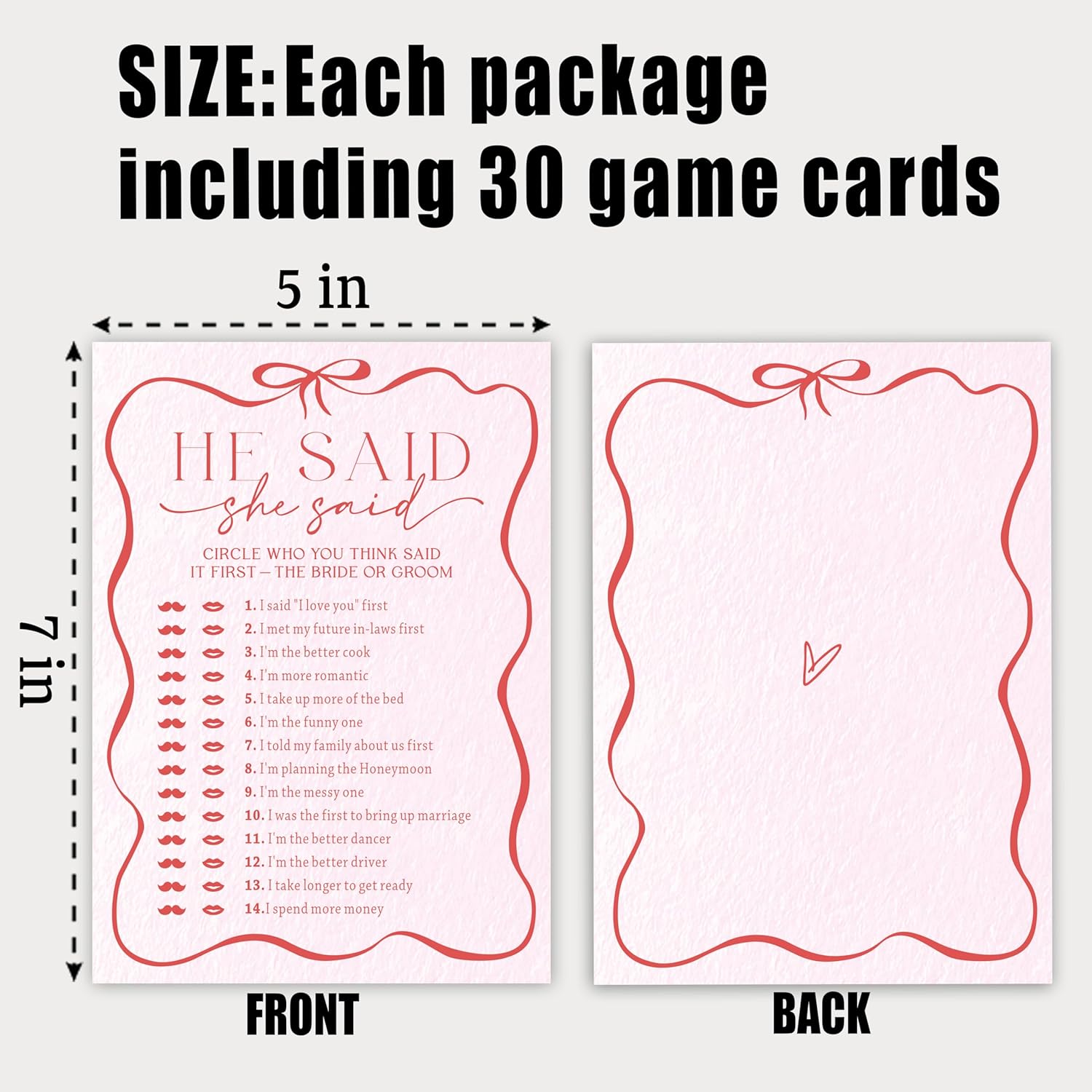 5" X 7" Pink Bow Bridal Shower Game Cards -He Said She Said - 30Pcs Double-Sided Fill-In Wedding Game Cards, Engagement & Wedding Party, Activities & Decor- A02