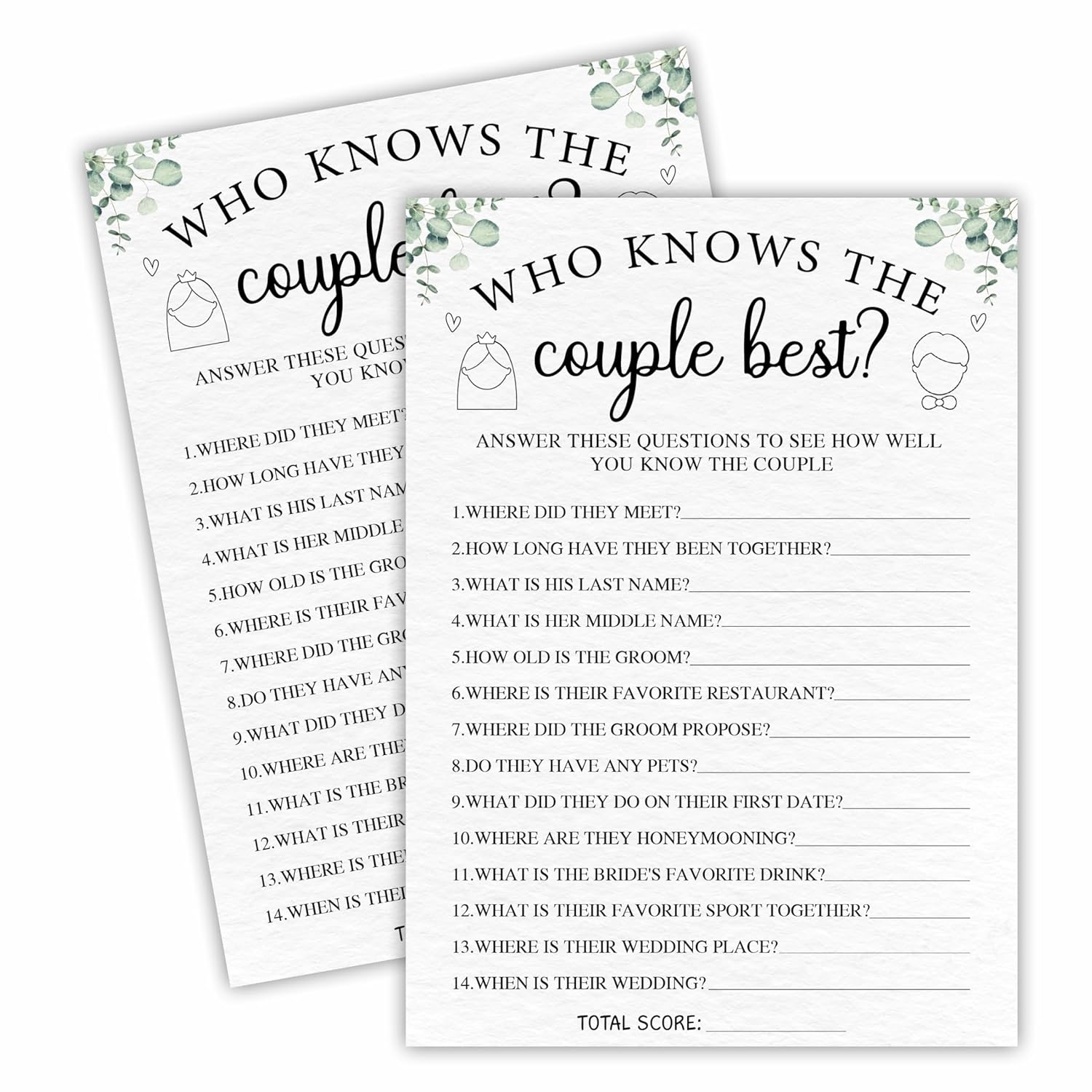 30 Bridal Shower Game Cards, Who Knows The Couple Best Eucalyptus Leaf Plant Themed Wedding Games, Suitable For 30 Guests? Engagement? Wedding Party Activity Games? Favors & Supplies - A06