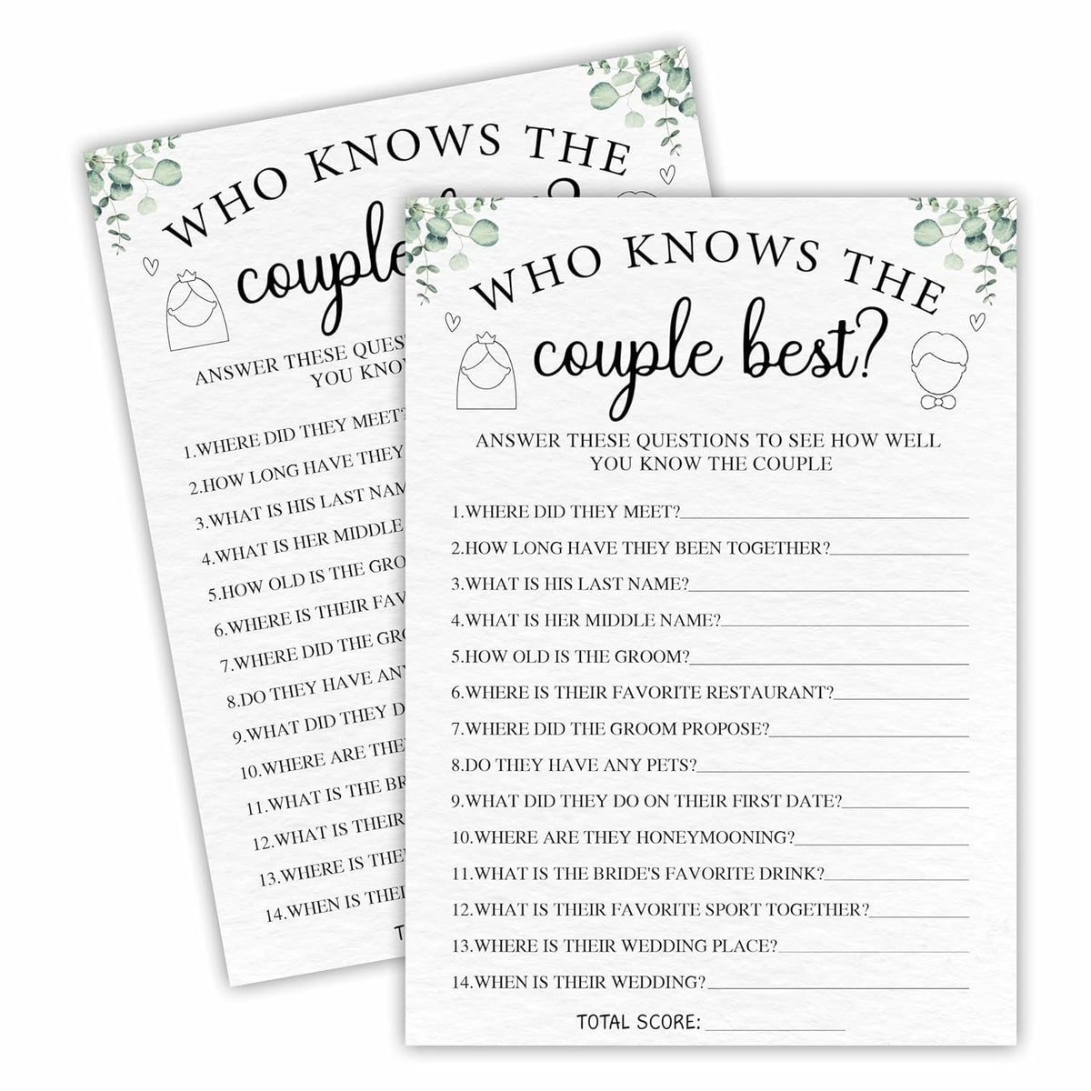 30 Bridal Shower Game Cards, Who Knows The Couple Best Eucalyptus Leaf Plant Themed Wedding Games, Suitable For 30 Guests? Engagement? Wedding Party Activity Games? Favors & Supplies - A06