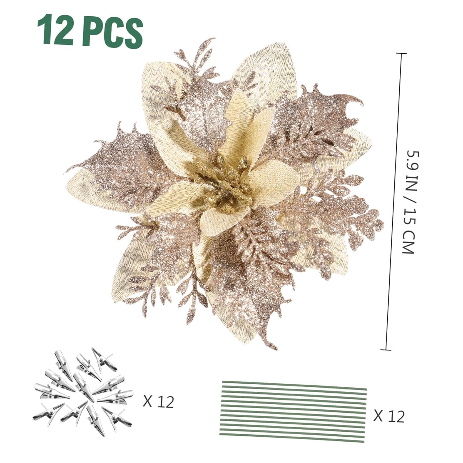 Artificial Poinsettia Christmas Flowers, Light Gold Artificial Glitter Poinsettia Flowers Christmas Tree For S Wedding Party Wreath With Stems And Clips 12Pcs