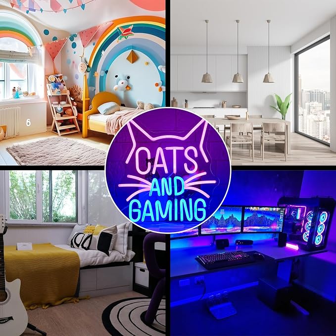 Gaming Cat Neon Sign Pink Blue LED Wall Light for Gamer Room Video Game Setup Teen Bedroom Decor