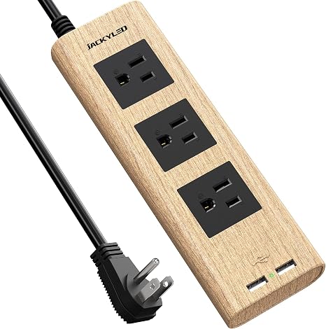 10 ft Flat Plug Power Strip Surge Protector with 3 Outlets and 2 USB Ports Light Wood Grain