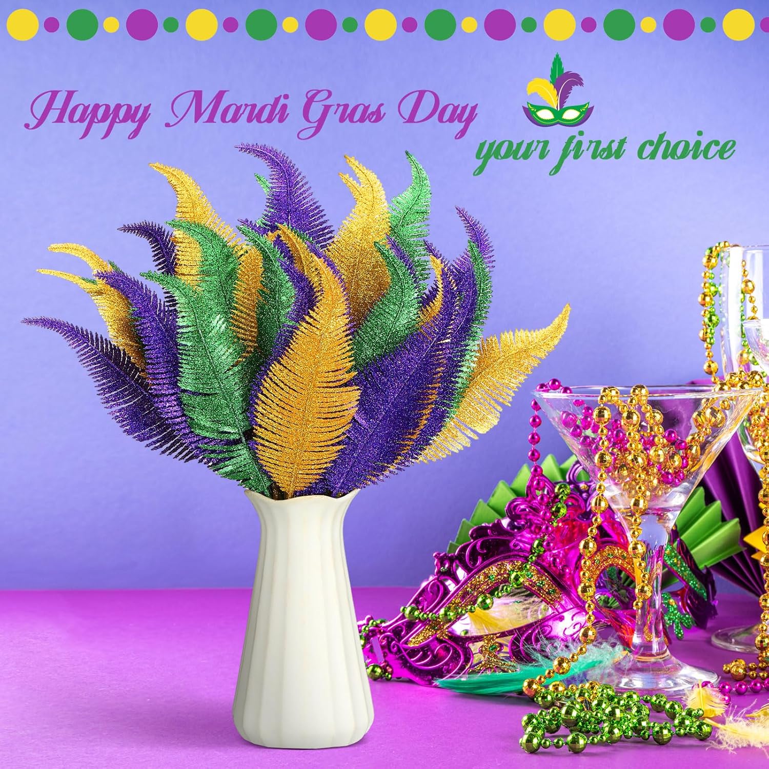 48 Pcs Mardi Gras Glitter Leaves Feather 13.4'' Faux Sparkly Feather Leaves Mardi Gras Party Decoration Plant Decor Twig Wreath Garland Mardi Gras Pick For Craft Sprays Artificial Leaves Gift