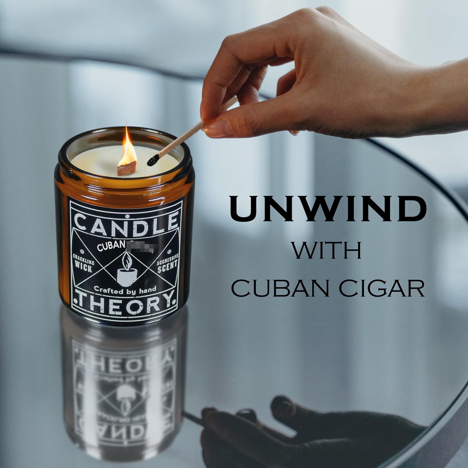Candle Theory Cuban Cigar Scented Candle For Men 7.6 Oz, Manly Crackling Woodwick Tobacco Candles Scented