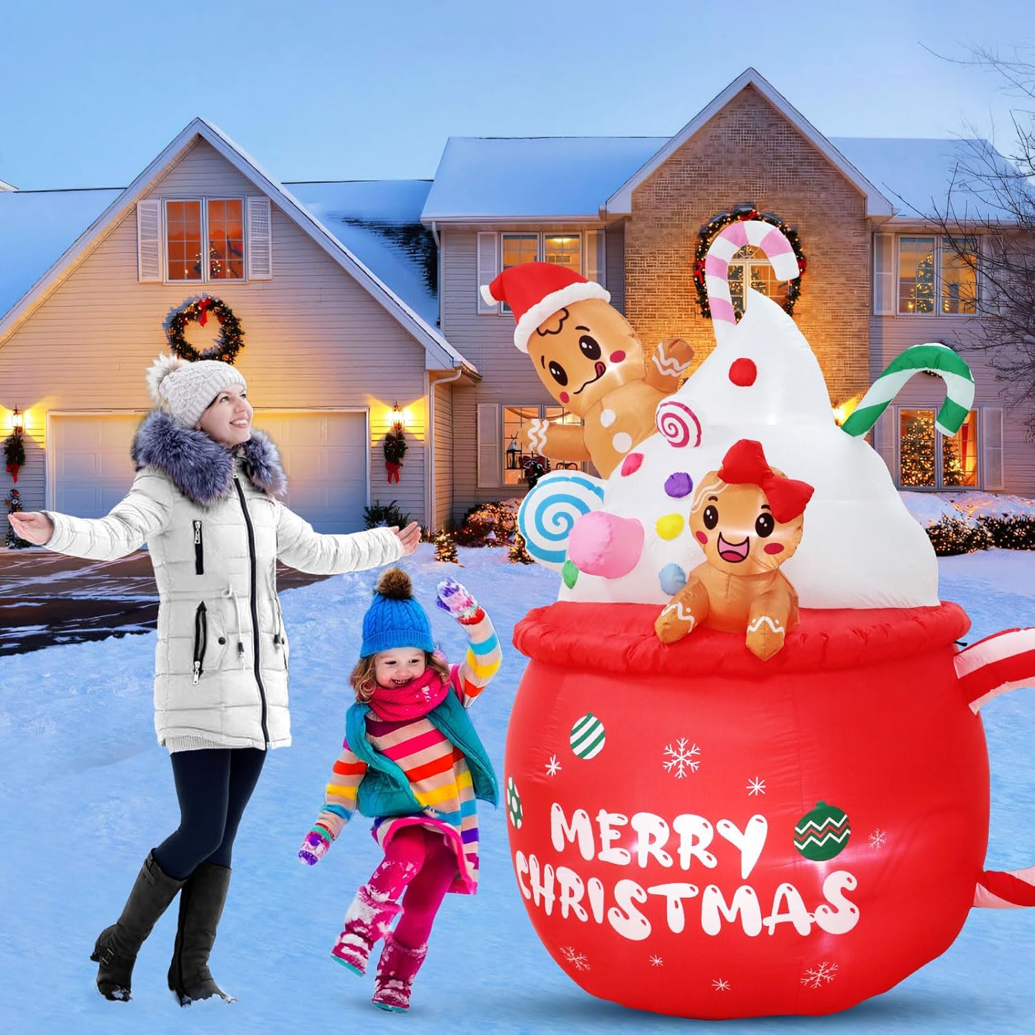 Christmas Inflatable Outdoor Decorations 6Ft Gingerbread Inflatables Christmas Blow Up Gingerbread Man Hot Cocoa Mug Can