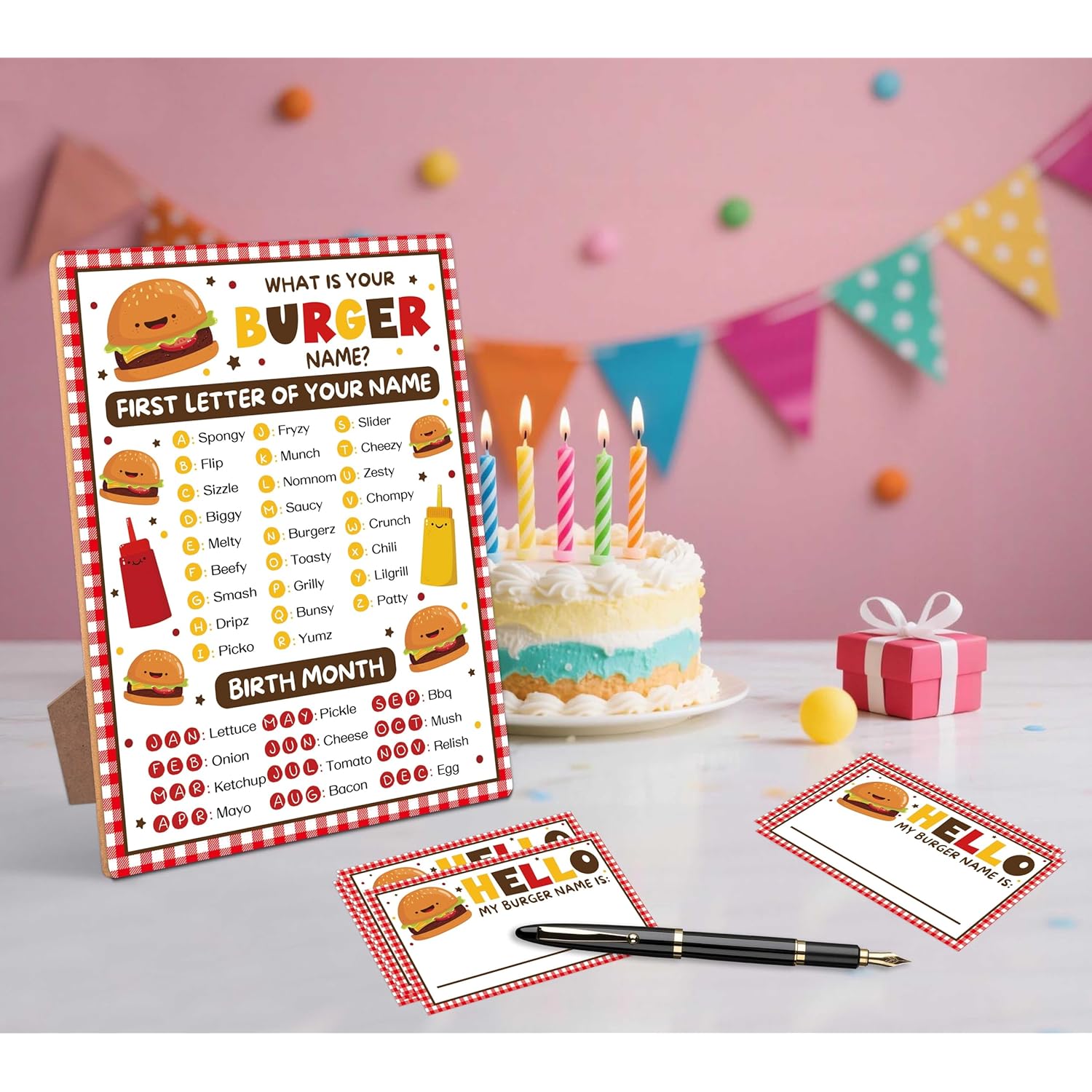 What Is Your Burger Name Game,30 Stickers, Burger Party Decor, Perfect For Birthday Party Activities 6×8 Wooden Play Sign With Stand